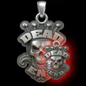 May include: A silver pendant with a skull design and the words "DEAD END". The pendant features a large skull with a crown and a smaller matching pendant. The background is black with a red glow.