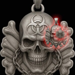 May include: A detailed silver pendant featuring a skull with a biohazard symbol on its forehead, crossed bones, and a chain. A smaller pendant with a skull and chain is also visible. The design has a gothic or biker theme.