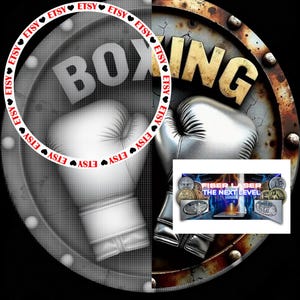 May include: A black and white image of a boxing glove with the word "BOXING" in red letters on a rusty metal background. The words "ETSY" are repeated around the edge of the image in a white circle with red hearts.