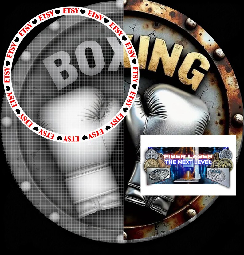 May include: A black and white image of a boxing glove with the word "BOXING" in red letters on a rusty metal background. The words "ETSY" are repeated around the edge of the image in a white circle with red hearts.