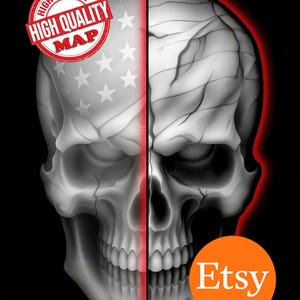 Op de afbeelding: Digitale kunst van een schedel, verticaal verdeeld. De ene helft toont het ontwerp van de Amerikaanse vlag, de andere een gedetailleerde schedel. De afbeelding heeft een rode omtrek en het Etsy-logo. De tekst "High Quality Map" is ook zichtbaar.