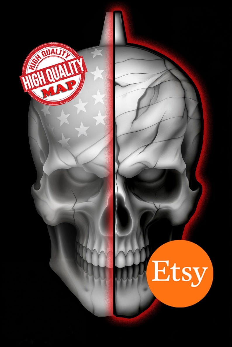 Op de afbeelding: Digitale kunst van een schedel, verticaal verdeeld. De ene helft toont het ontwerp van de Amerikaanse vlag, de andere een gedetailleerde schedel. De afbeelding heeft een rode omtrek en het Etsy-logo. De tekst "High Quality Map" is ook zichtbaar.