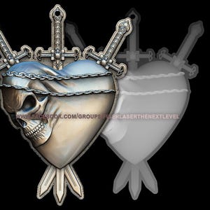 May include: A silver heart with a skull inside, pierced by three swords. The heart is surrounded by a chain and the swords have intricate details.