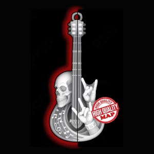 Könnte beinhalten: Schwarz-weiß Grafik einer Gitarre, eines Schädels und Rock-Handgesten vor schwarzem Hintergrund. Noten sind ebenfalls vorhanden. Ein roter Kreis mit dem Text "HIGH QUALITY MAP" ist enthalten.
