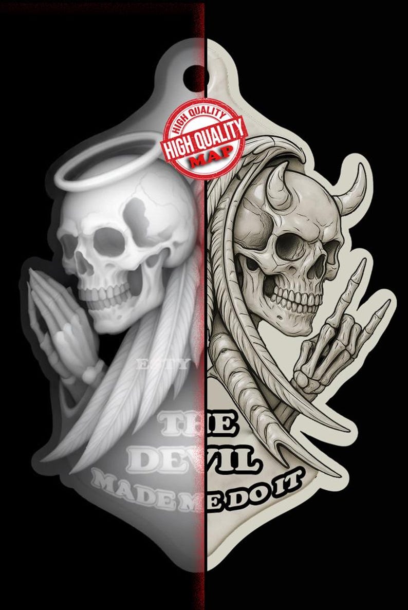 Puede incluir: Un dise&ntilde;o dividido que presenta una calavera con un halo y manos rezando a la izquierda, y una calavera con cuernos y un gesto de la mano de rock a la derecha. El texto "THE DEVIL MADE ME DO IT" est&aacute; en la parte inferior. Un c&iacute;rculo rojo con "HIGH QUALITY MAP" est&aacute; en la parte superior.
