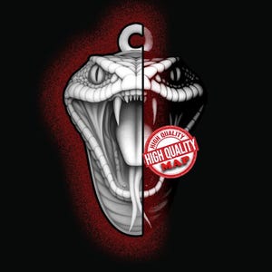 May include: A striking graphic design featuring a split image of a snake's head. One side is in grayscale, the other in red and black, with a "HIGH QUALITY MAP" stamp. The design is set against a black background.