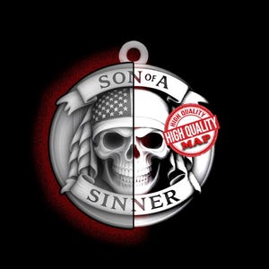 May include: A silver pendant with a skull design. The skull is split vertically, with one half featuring the American flag and the other half a detailed skull. The words "SON OF A" and "SINNER" are displayed on banners. A red "HIGH QUALITY MAP" seal is also present.