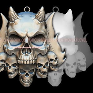 May include: A silver-colored metal pendant featuring a skull with horns and flames. The pendant is surrounded by smaller skulls, all with intricate details. The pendant is perfect for a gothic or biker style.