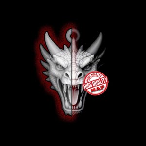 May include: A detailed illustration of a dragon's head, split vertically. One side is white, the other is shaded. The dragon has sharp teeth and a red outline. A red and white "HIGH QUALITY MAP" seal is in the lower right corner.