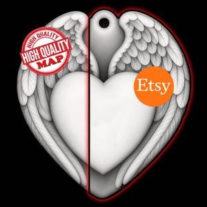May include: A white heart-shaped pendant with angel wings, a red border, and a hole at the top. The left side has a red stamp that says "HIGH QUALITY MAP". The right side has an orange circle with the word "Etsy".