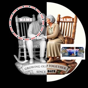 May include: A personalised wooden plaque featuring a couple sitting on rocking chairs. The plaque reads "Growing Old Together Since [Date]" and includes the names of the couple on the chairs.