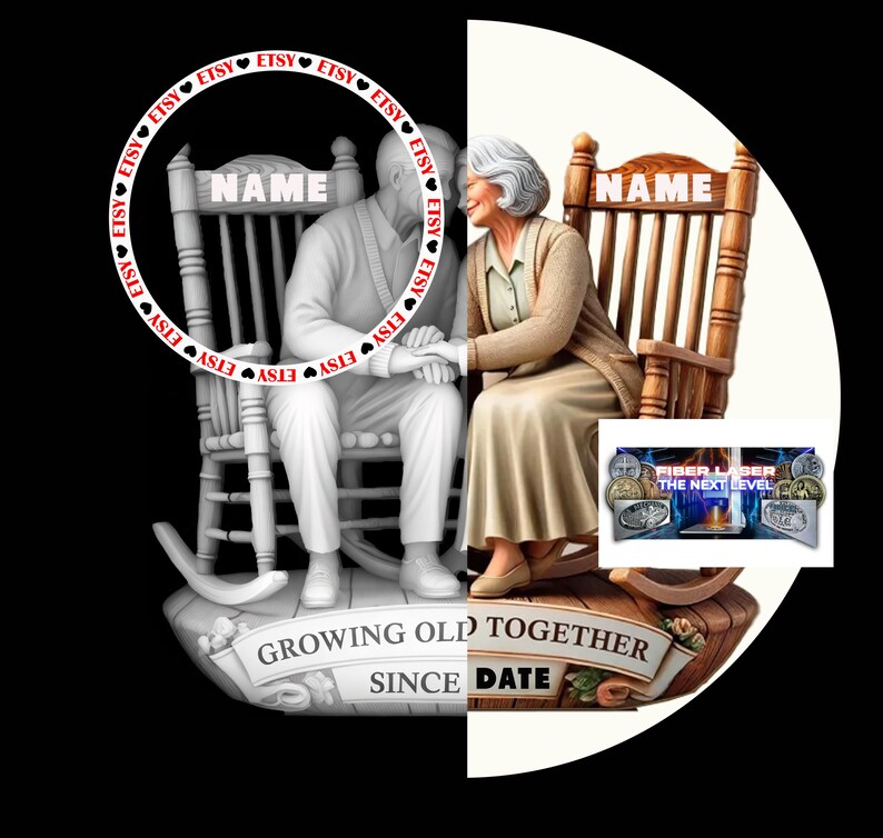 May include: A personalized wooden plaque with a couple sitting on rocking chairs. The plaque says "Growing Old Together Since [Date]" and has the names of the couple on the chairs.