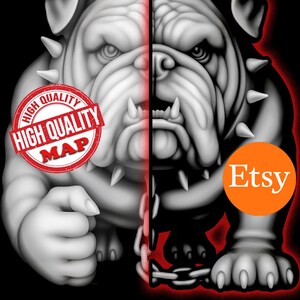 May include: A split image of a bulldog with a red outline. One side is grayscale, the other is black. The image includes a red stamp that says "HIGH QUALITY MAP" and an orange Etsy logo.