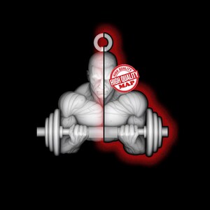 May include: A digital illustration of a muscular figure holding a barbell, rendered in shades of gray against a black background. A red halo effect surrounds the figure. The words "HIGH QUALITY MAP" are in a red circle.