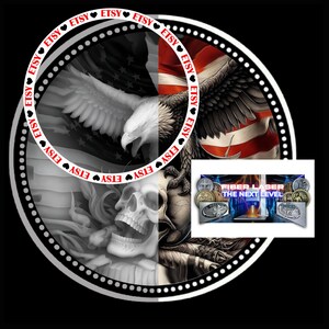 May include: A circular design featuring a bald eagle with outstretched wings, a skull, and an American flag. The design is surrounded by a black and white circle with the word "ETSY" repeated around the edge. The text "FIBER LASER THE NEXT LEVEL" is visible in the lower right corner.
