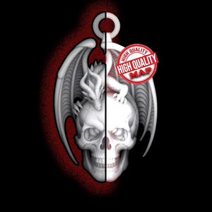 May include: A pendant design featuring a white skull with a dragon perched on top, wings spread. The design is split vertically, with a red spray-paint effect on the left side. The words "HIGH QUALITY MAP" are in a red circle.