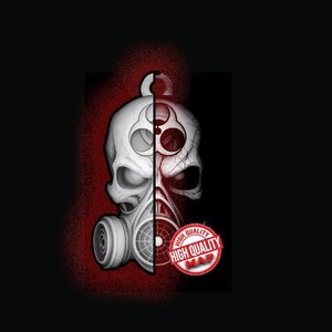 May include: A graphic design featuring a skull wearing a gas mask, split vertically. The left side is a complete skull with a gas mask, while the right side is a cracked skull with a biohazard symbol. The words "HIGH QUALITY MAP" are in a red circle.