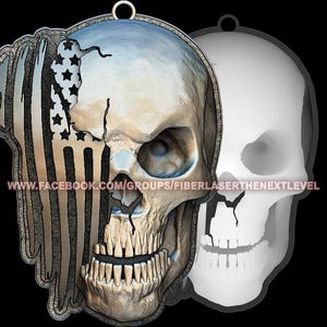 May include: A silver skull ornament with a cracked design, half of which is covered by an American flag. The skull has a detailed face with a toothy grin. The ornament has a loop at the top for hanging.