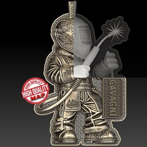 May include: A detailed pendant featuring a stylized welder in a protective suit, holding a welding torch and a name tag that reads "GAVAGNI". The pendant is metallic with a diamond plate background and a "High Quality Map" seal.