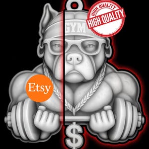 May include: A stylized illustration of a muscular bulldog wearing glasses and a headband with the word "GYM". The bulldog is holding a barbell and a dollar sign. The image includes the Etsy logo and a "High Quality" stamp.