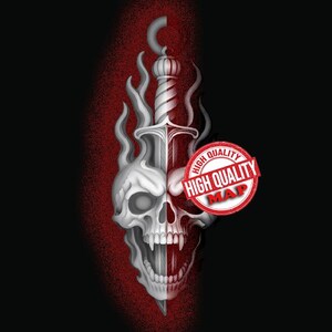 May include: A digital illustration featuring a skull bisected by a sword. The left side of the skull is white, the right side is red. Flames and a red stamp with the text "HIGH QUALITY MAP" complete the design, set against a black background.