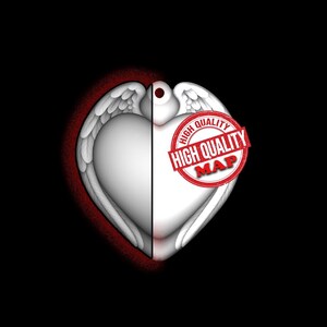 May include: A digitally rendered, heart-shaped pendant with angel wings, split vertically. One side is white, the other is a 3D render. The pendant has a red outline and a red stamp that says "HIGH QUALITY MAP". The background is black.