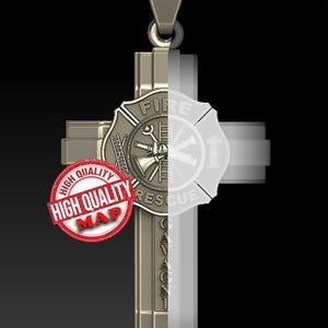 May include: A gold-colored cross pendant with a firefighter's emblem at the center. The emblem features a fire axe, a trumpet, and the words "FIRE RESCUE". The cross has the text "CAVAGNI" vertically. A red and white "HIGH QUALITY" stamp is on the left.
