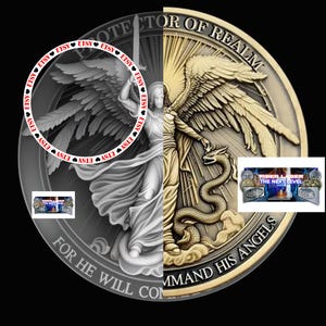 May include: A silver and gold coin with an angel design. The angel is holding a sword and is standing on a snake. The coin has the words "Protector of Realm" and "For He Will Command His Angels" inscribed on it.
