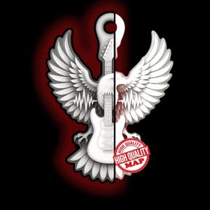 May include: A graphic design of a white electric guitar combined with a white eagle with outstretched wings. The design is set against a black background with a red gradient. A red circle with the text "HIGH QUALITY MAP" is at the bottom.