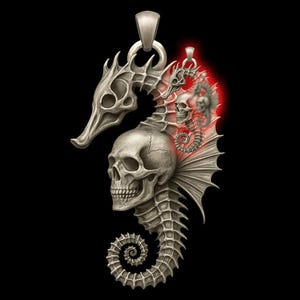 May include: A silver pendant featuring a seahorse design with a skull head and a skeletal body. The seahorse has a skull-shaped head and a spiraling tail. A smaller skull is visible within a red glow. The pendant hangs from a silver loop against a black background.