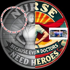 May include: A round, red, white, and blue sign with the word "NURSE" in large, white letters. The sign features a superhero nurse with a red cape, standing with her arms outstretched. The text "BECAUSE EVEN DOCTORS NEED HEROES" is written in white letters on a black background. The sign also includes a small, silver, rectangular sticker with the text "FIBER LASER THE NEXT LEVEL".