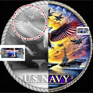 May include: A round, gold-colored metal coin with a rope-like border. The coin is divided in half. The left side is a grayscale image of a white eagle with wings spread wide. The right side is a colorful image of an eagle with wings spread wide, flying over a navy blue ocean with a large aircraft carrier and several fighter jets. The text "U.S. NAVY" is printed in purple on the bottom of the coin.
