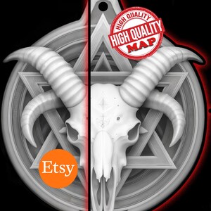 May include: A white goat skull pendant with large curved horns, set against a gray geometric background. The design includes a red border and a "High Quality Map" stamp. The Etsy logo is visible.