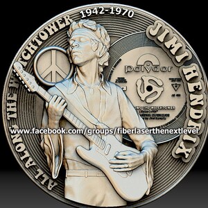 May include: A silver-coloured circular coin featuring a 3D image of Jimi Hendrix playing a guitar. The coin has the text "Jimi Hendrix" and "All Along The Watchtower" around the edge. The coin also features the text "Polydor" and a peace sign.