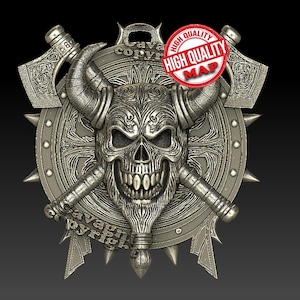 May include: A detailed, silver emblem featuring a skull with horns, crossed axes, and a shield. The design includes intricate carvings and the text "High Quality Map" in a red circle. The overall theme is fantasy or Viking.