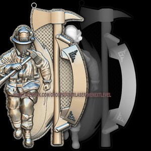 May include: A silver-colored metal ornament depicting a firefighter holding an axe. The firefighter is wearing a helmet and a uniform. The ornament is attached to a hook.