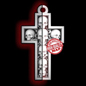 May include: A white cross pendant design with skulls and bones, set against a black background. The cross is filled with skulls and bones. A red stamp with the words "HIGH QUALITY MAP" is on the right side of the cross.