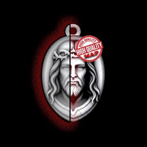 May include: A pendant design featuring a bust of Jesus Christ, split vertically. One side is a detailed, white sculpture, the other is a shaded illustration. A red seal with "HIGH QUALITY MAP" is at the top. The background is black.