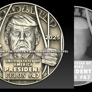 May include: A silver-colored coin with a portrait of Donald J. Trump behind bars. The coin reads "DONALD J. TRUMP" and "2025". Below the portrait is a sign that reads "UNITED STATES OF AMERICA PRESIDENT FELON #47".