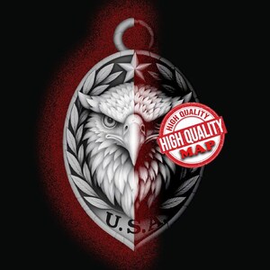 May include: A graphic design featuring a detailed eagle illustration split vertically, with one side in white and the other in red. The design includes the text "U.S.A." and a red circle with "HIGH QUALITY MAP" text, set against a black background.