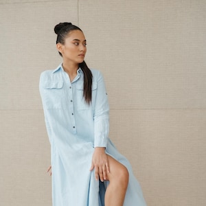 Natural sky blue linen long bottoned dress Summer wind