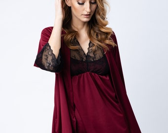 ShaSha 2 pieces pajama set burgundy robe and short night dress for Women