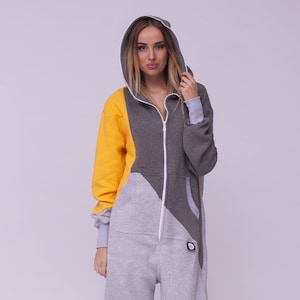 Erwachsenen Strampelanzug Pyjamas - Ganzkörper Liege mit Reißverschluss, Damen Strampelanzug, Kapuzenstickerei, plus Größe, dreifarbiger Unisex Erwachsenen Strampelanzug Sunny