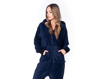 Adult onesie, dark blue frottee unisex adult onesie, hooded pyjamas, adult overall, festival clothing, surfer onepiece, beach towel pajamas