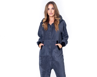 Adult onesie, dark gray frottee unisex adult onesie, hooded pyjamas, adult overall, festival clothing, surfer onepiece, beach towel pajamas