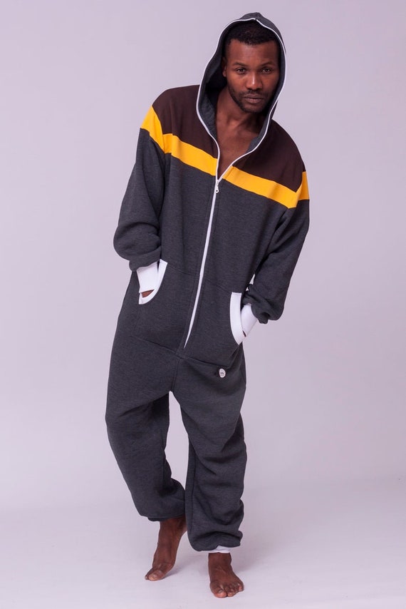 Adult Onesie Grey Striped Unisex Overall Hooded Pyjamas Women