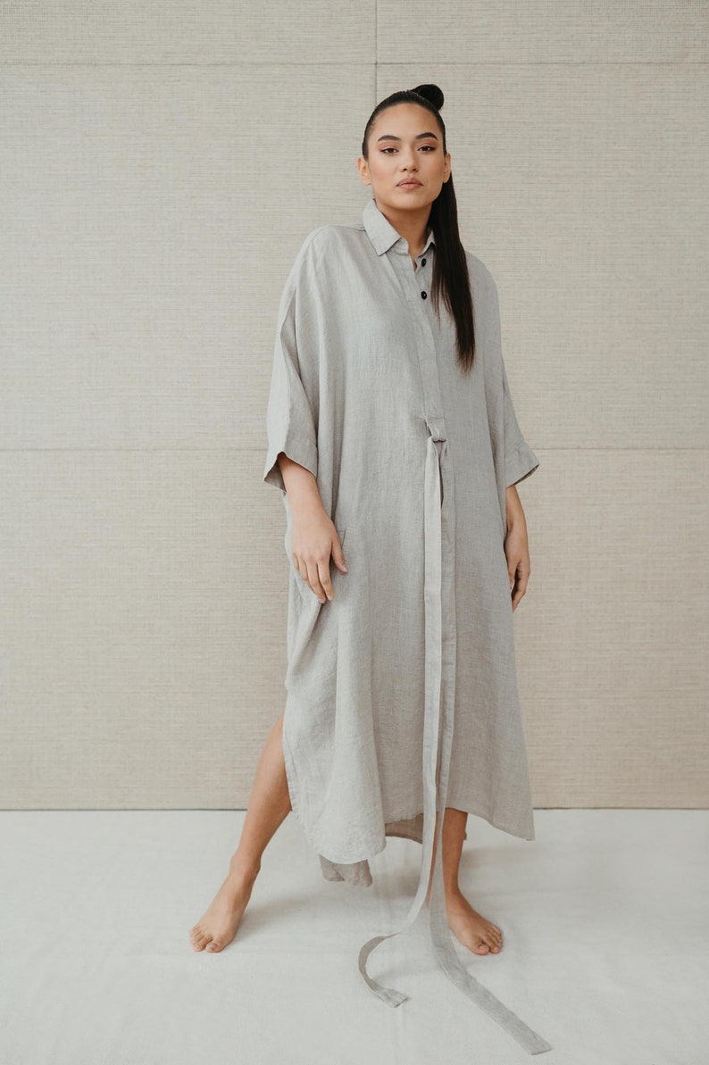 Natural beige linen dress/shirt Dubai, women linen long natural dress with shirt top, organic linen clothing, oversize linen top, shirtdress image 4