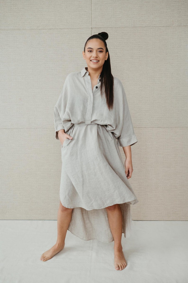 Natural beige linen dress/shirt Dubai, women linen long natural dress with shirt top, organic linen clothing, oversize linen top, shirtdress image 6