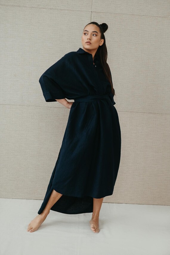 Navy Linen Dress/Shirt Dubai, Women Linen Long Natural Dress with Shirt Top, Organic Linen Clothing, Oversize Linen Top, Shirtdress