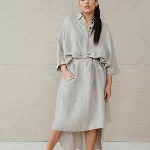 Natural beige linen dress/shirt Dubai, women linen long natural dress with shirt top, organic linen clothing, oversize linen top, shirtdress image 2